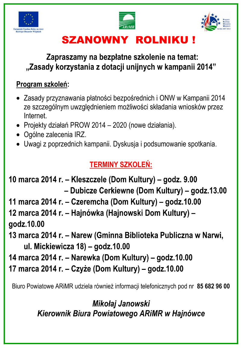 Szkolenie dla rolników - dopłaty 2014