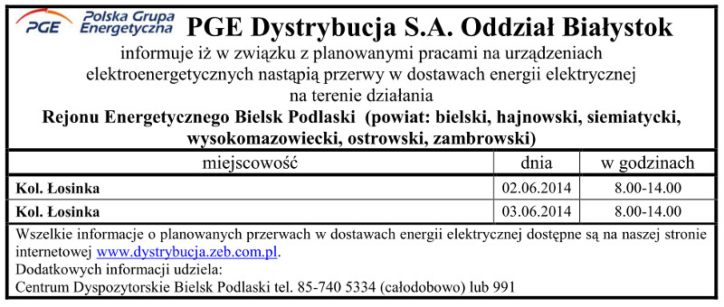 Wyłączenia energii w Gminie Narew