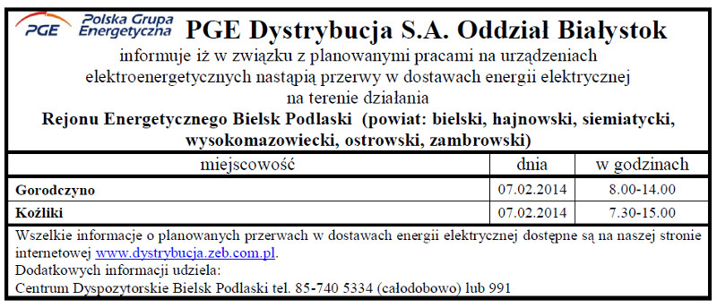 Wyłączenia energii w Gminie Narew