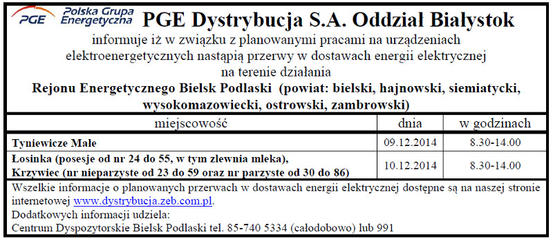 Wyłączenia energii w Gminie Narew