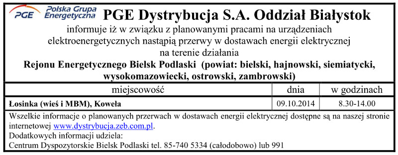 Wyłączenia energii w Gminie Narew