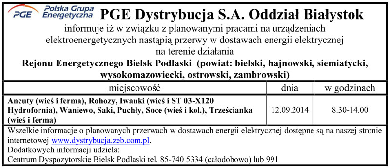 Wyłączenia energii w Gminie Narew