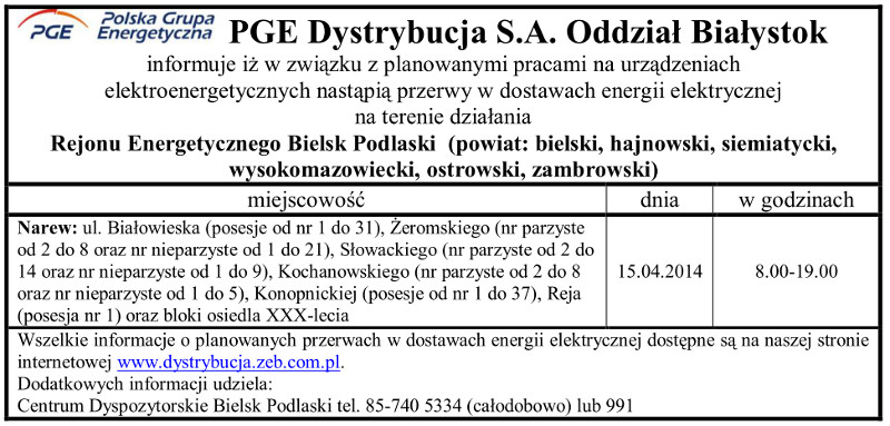 Wyłączenia energii w Gminie Narew