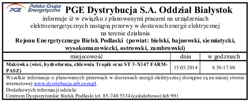 Wyłączenia energii w Gminie Narew