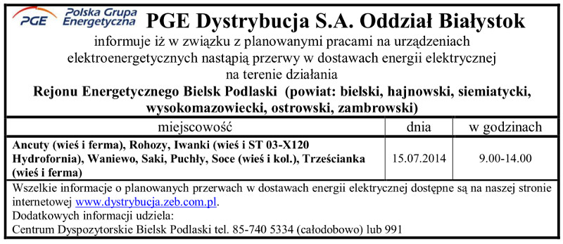 Wyłączenia energii w Gminie Narew