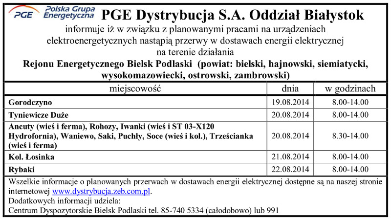 Wyłączenia energii w Gminie Narew