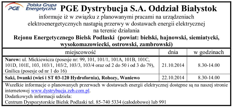 Wyłączenia energii w Gminie Narew