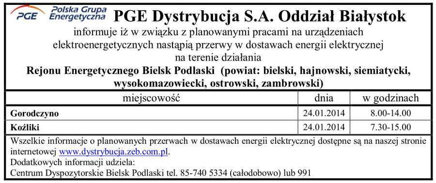 Wyłączenia energii w Gminie Narew