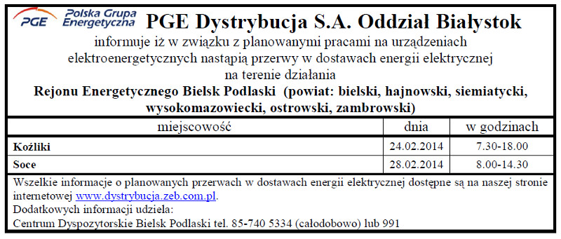 Wyłączenia energii w Gminie Narew