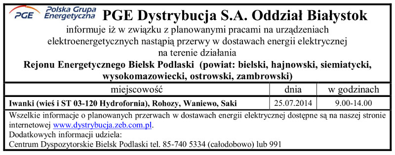 Wyłączenia energii w Gminie Narew