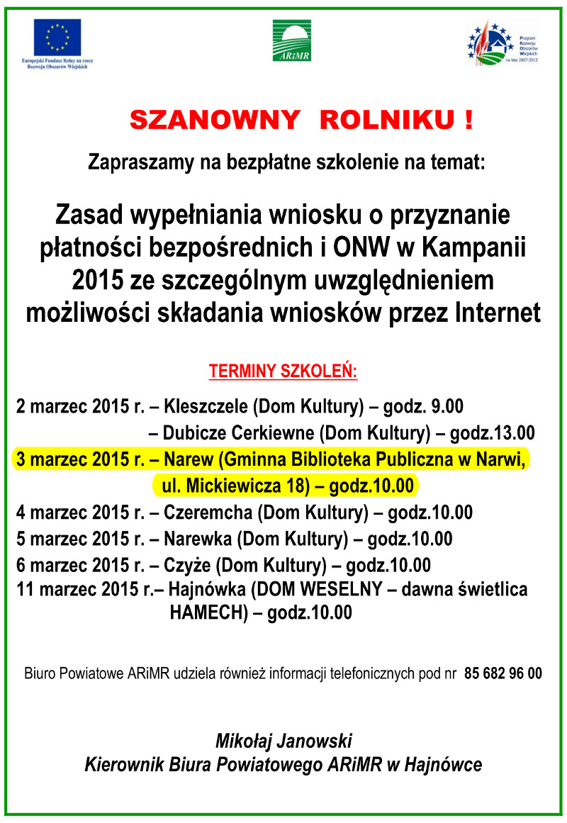 Szkolenie dla rolników - dopłaty 2015