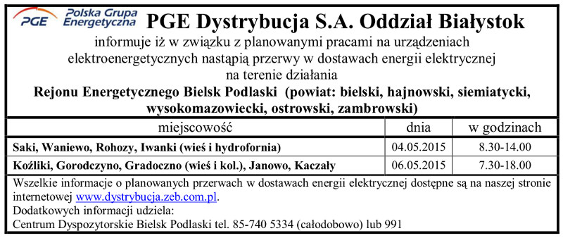 Wyłączenia energii w Gminie Narew