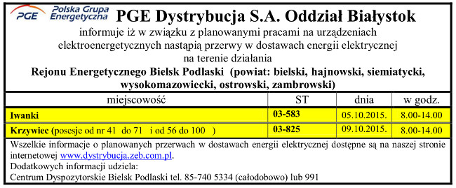 Wyłączenia energii w Gminie Narew