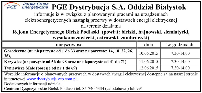 Wyłączenia energii w Gminie Narew