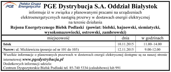 Wyłaczenia energii w dniu 10 i 12 listopada 2015