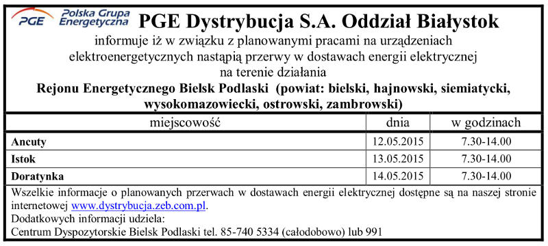 Wyłączenia energii w Gminie Narew