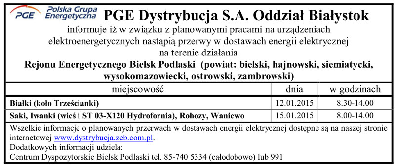 Wyłączenia energii w Gminie Narew