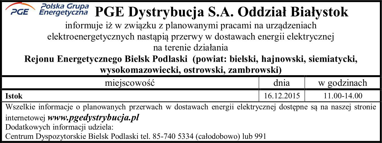 Wyłaczenia energii w dniu 16 grudnia 2015