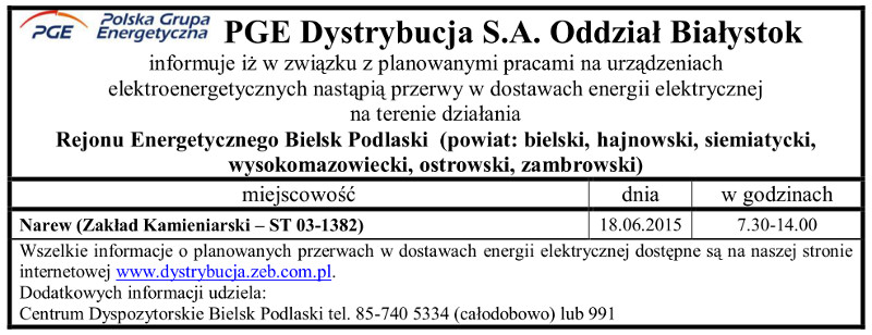 Wyłączenia energii w Gminie Narew