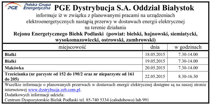 Wyłączenia energii w Gminie Narew