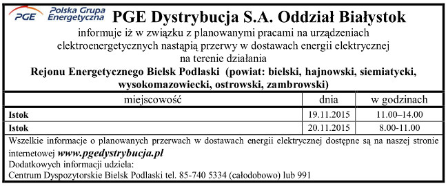 Wyłaczenia energii w dniu 19 i 20 listopada 2015