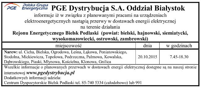 Wyłączenia energii w Gminie Narew