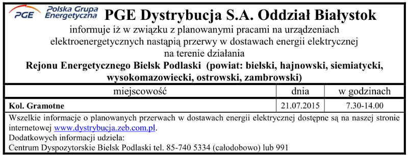 Wyłączenia energii w Gminie Narew