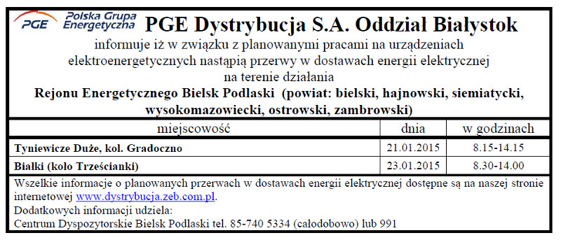 Wyłączenia energii w Gminie Narew