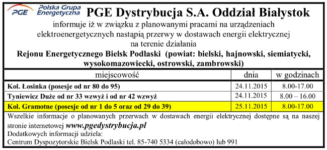 Wyłaczenia energii w dniach 24 i 25 listopada 2015