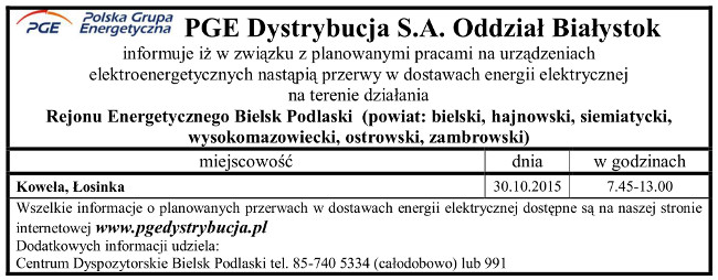 Wyłaczenia energii w dniu 30 października 2015