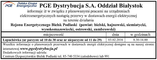 Wyłączenia energii w dniu 03.02.2016