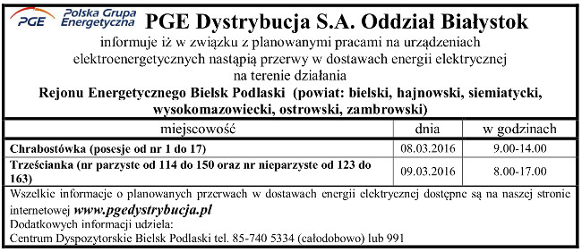 Harmonogram wyłączeń energii w Gminie Narew