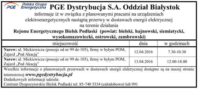 Harmonogram wyłączeń energii w Gminie Narew