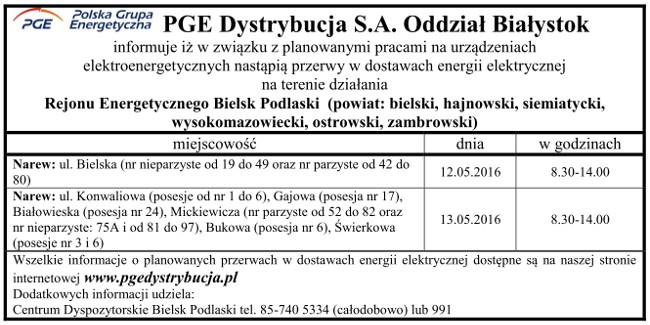 Harmonogram wyłączeń energii w Gminie Narew