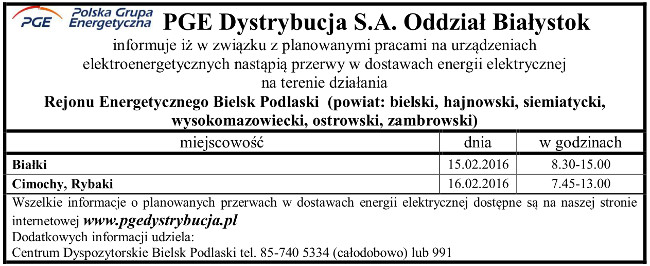 Harmonogram wyłączeń energii w Gminie Narew