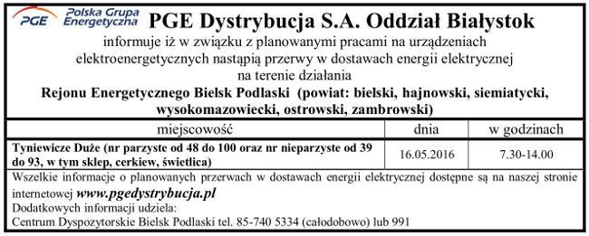 Harmonogram wyłączeń energii w Gminie Narew