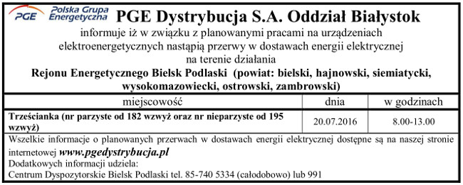 Informacja o wyłączeniach energii w Gminie Narew