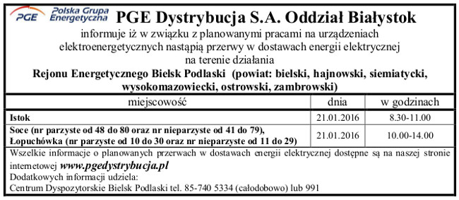 Wyłączenia energii w dniu 21.01.2016