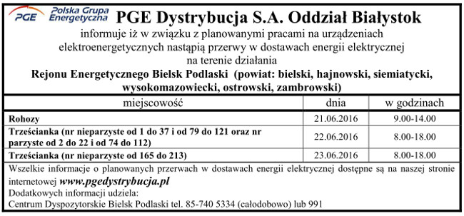 Informacja o wyłączeniach energii w Gminie Narew