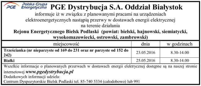 Harmonogram wyłączeń energii w Gminie Narew